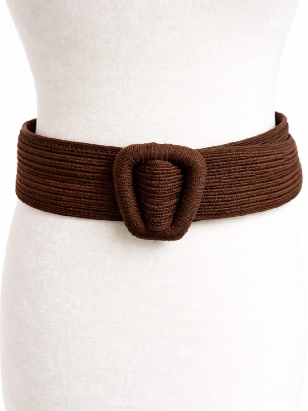 Vintage Chocolate Brown Woven Elastic Waist Belt with Covered Buckle
